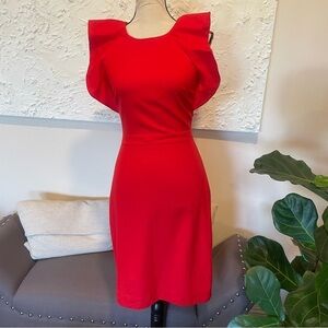 JCrew Monday Dress Fiery Sunset Red Wool Suiting Ruffle Gold Zipper Sz 00 f4012